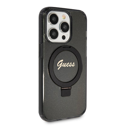 Husa MagSafe pentru Apple iPhone 15 Pro, Guess, IML Ring Stand Glitter, Neagra