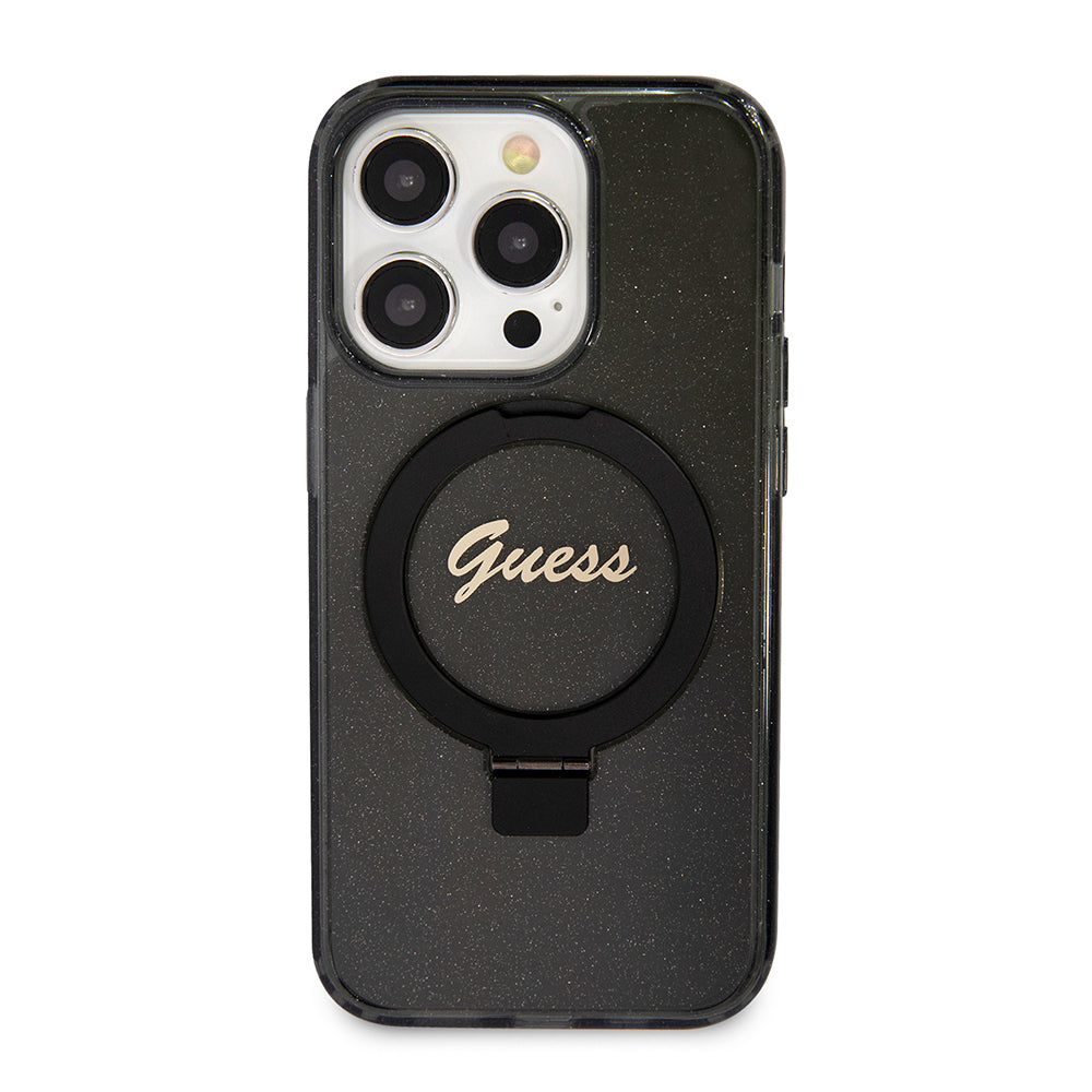 Husa MagSafe pentru Apple iPhone 15 Pro, Guess, IML Ring Stand Glitter, Neagra