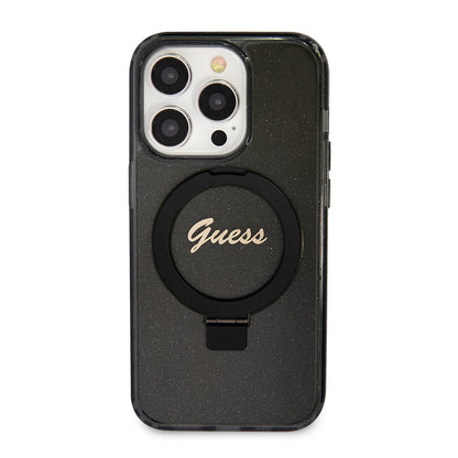 Husa MagSafe pentru Apple iPhone 15 Pro, Guess, IML Ring Stand Glitter, Neagra