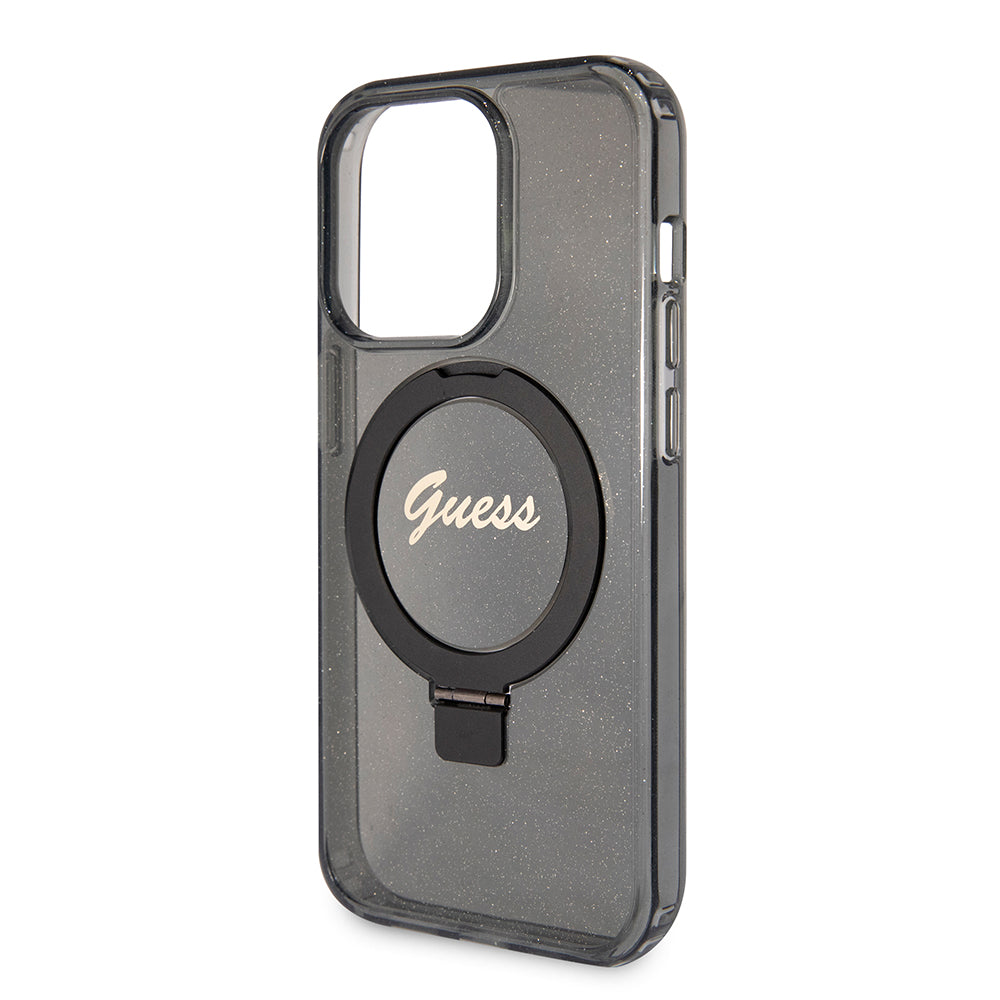 Husa MagSafe pentru Apple iPhone 15 Pro, Guess, IML Ring Stand Glitter, Neagra