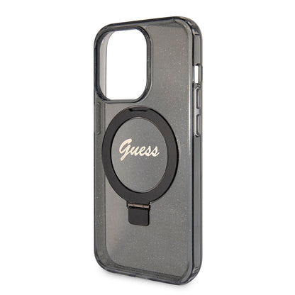 Husa MagSafe pentru Apple iPhone 15 Pro, Guess, IML Ring Stand Glitter, Neagra