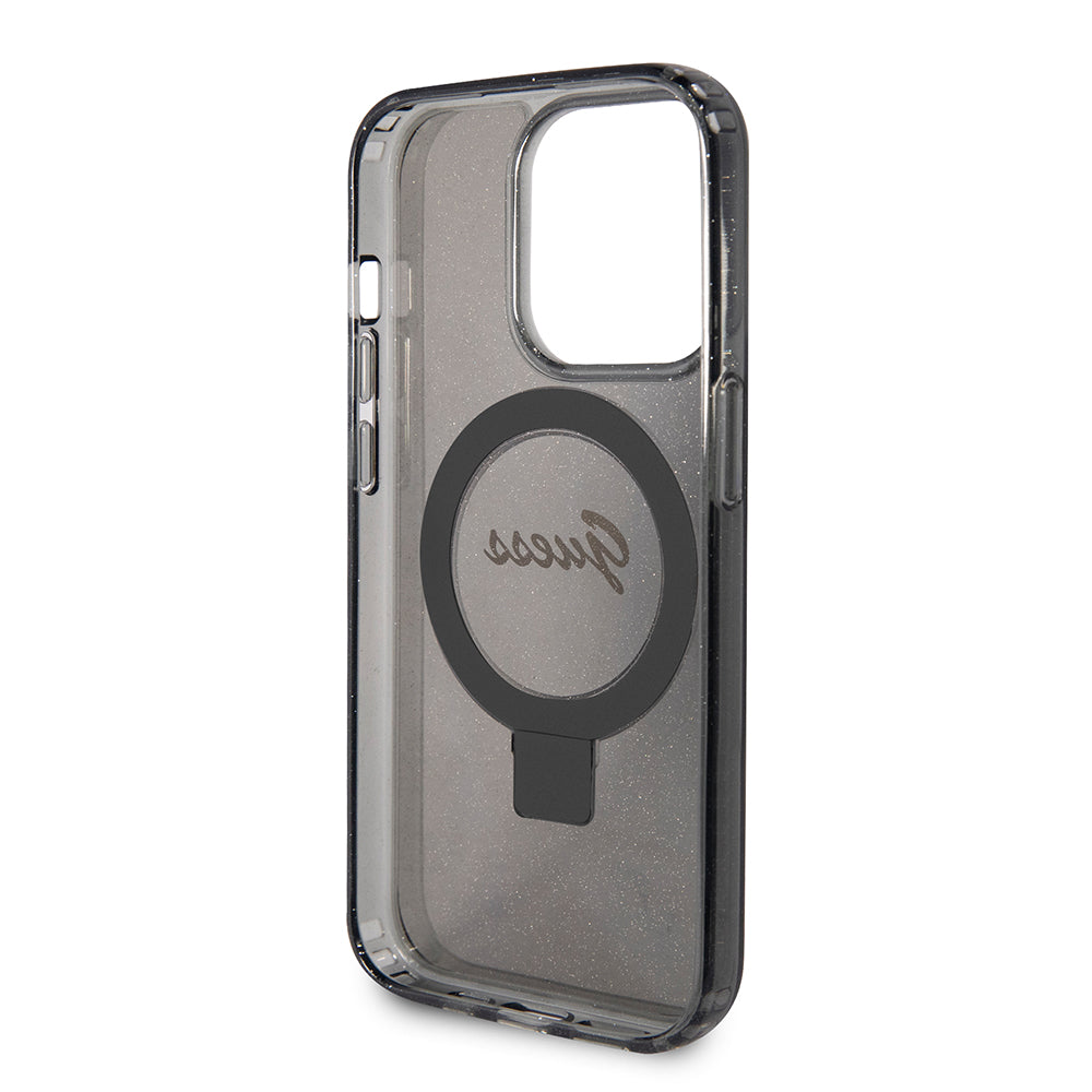Husa MagSafe pentru Apple iPhone 15 Pro, Guess, IML Ring Stand Glitter, Neagra