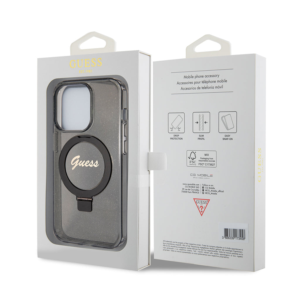 Husa MagSafe pentru Apple iPhone 15 Pro, Guess, IML Ring Stand Glitter, Neagra