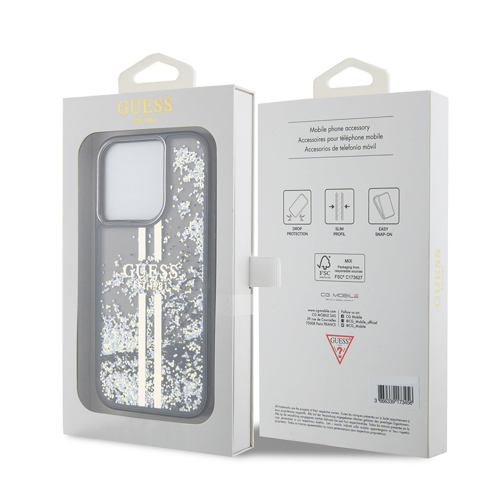 Husa pentru Apple iPhone 15 Pro, Guess, Liquid Glitter Gold Stripe, Neagra