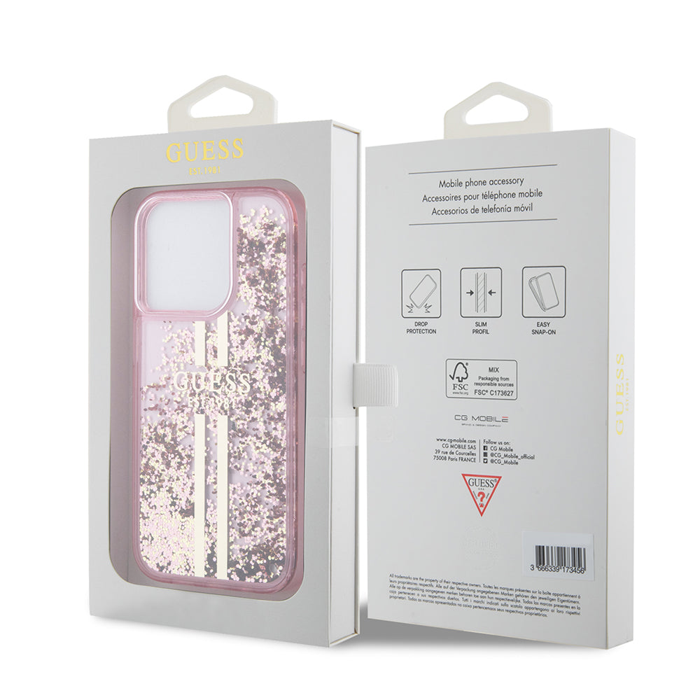 Husa pentru Apple iPhone 15 Pro, Guess, Liquid Glitter Gold Stripes, Roz