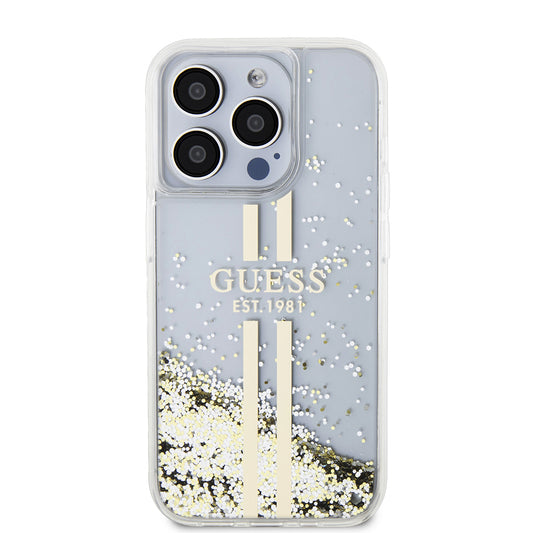 Husa pentru Apple iPhone 15 Pro, Guess, Liquid Glitter Gold Stripes, Transparenta