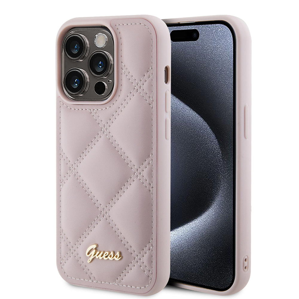 Husa pentru Apple iPhone 15 Pro, Guess, Quilted Metal Logo, Roz