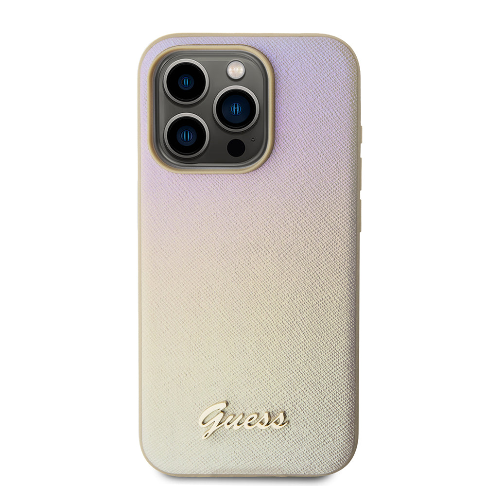 Husa pentru Apple iPhone 15 Pro, Guess, Saffiano Iridescent Script, Aurie