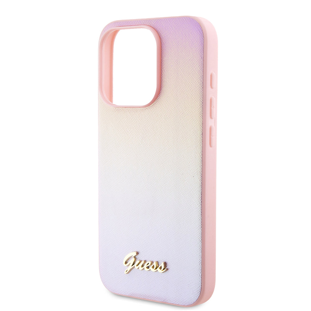 Husa pentru Apple iPhone 15 Pro, Guess, Saffiano Iridescent Script, Roz