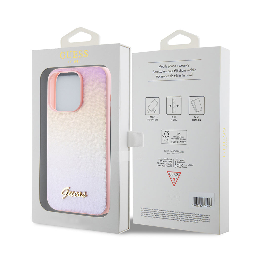 Husa pentru Apple iPhone 15 Pro, Guess, Saffiano Iridescent Script, Roz