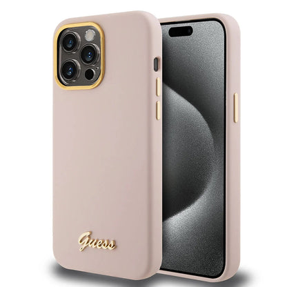 Husa pentru Apple iPhone 15 Pro, Guess, Script Metal Logo & Frame, Roz Deschis