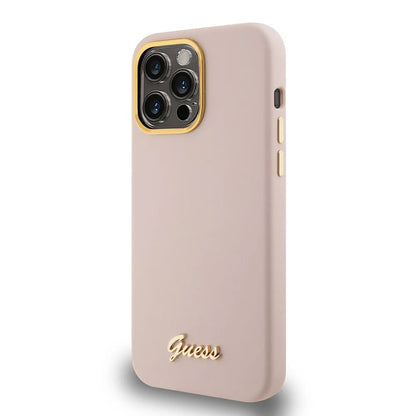 Husa pentru Apple iPhone 15 Pro, Guess, Script Metal Logo & Frame, Roz Deschis