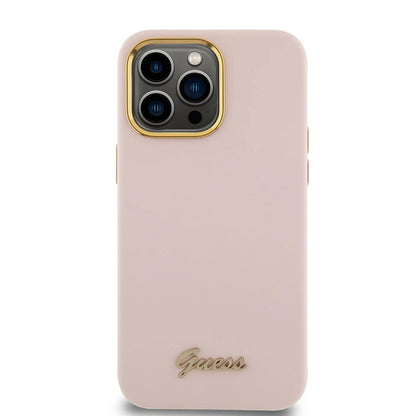Husa pentru Apple iPhone 15 Pro, Guess, Script Metal Logo & Frame, Roz Deschis
