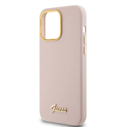 Husa pentru Apple iPhone 15 Pro, Guess, Script Metal Logo & Frame, Roz Deschis