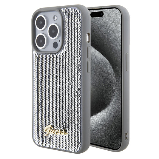Husa pentru Apple iPhone 15 Pro, Guess, Sequin Script Metal, Argintie