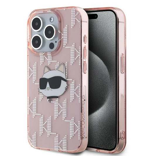 Husa pentru Apple iPhone 15 Pro, Karl Lagerfeld, IML Luxury Monogram Choupette's Head, Roz