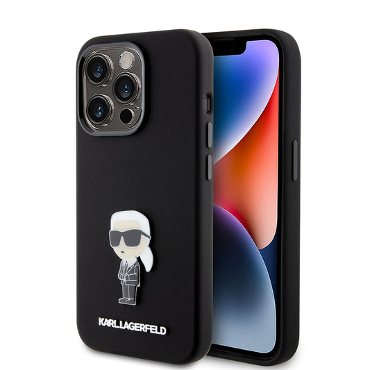Husa pentru Apple iPhone 15 Pro, Karl Lagerfeld, Silicone Metal Ikonik, Neagra