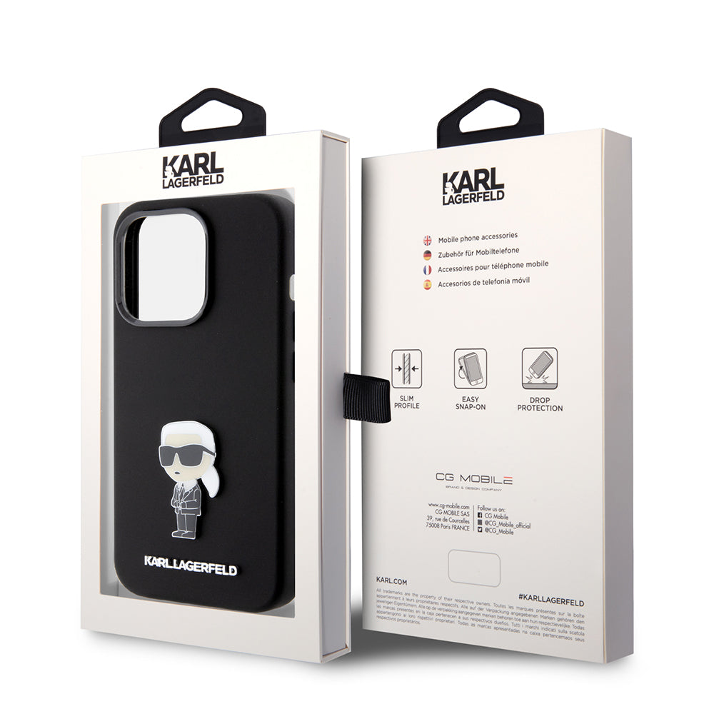 Husa pentru Apple iPhone 15 Pro, Karl Lagerfeld, Silicone Metal Ikonik, Neagra