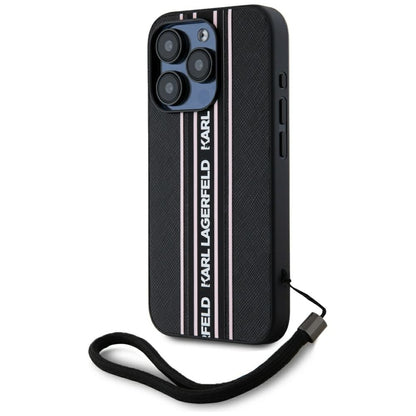 Husa pentru Apple iPhone 15 Pro, Karl Lagerfeld, Saffiano Athleisure Stripes with Strap, Roz