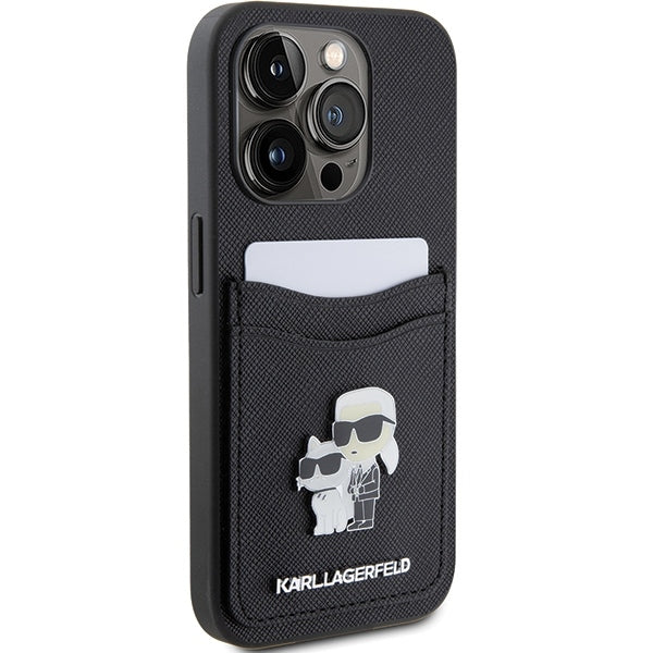 Husa pentru Apple iPhone 15 Pro, Karl Lagerfeld, Saffiano Card Slot Metal Karl & Choupette, Neagra
