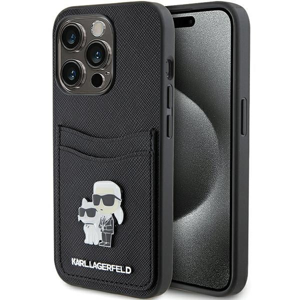 Husa pentru Apple iPhone 15 Pro, Karl Lagerfeld, Saffiano Card Slot Metal Karl & Choupette, Neagra