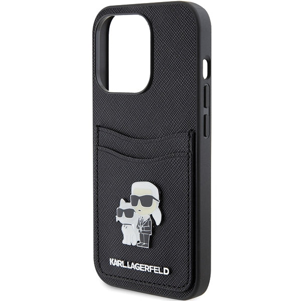 Husa pentru Apple iPhone 15 Pro, Karl Lagerfeld, Saffiano Card Slot Metal Karl & Choupette, Neagra