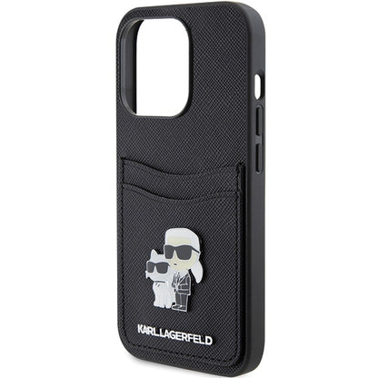 Husa pentru Apple iPhone 15 Pro, Karl Lagerfeld, Saffiano Card Slot Metal Karl & Choupette, Neagra