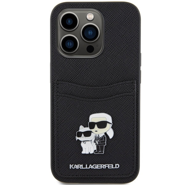 Husa pentru Apple iPhone 15 Pro, Karl Lagerfeld, Saffiano Card Slot Metal Karl & Choupette, Neagra