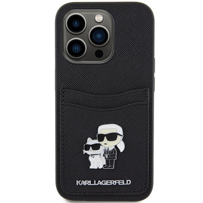 Husa pentru Apple iPhone 15 Pro, Karl Lagerfeld, Saffiano Card Slot Metal Karl & Choupette, Neagra