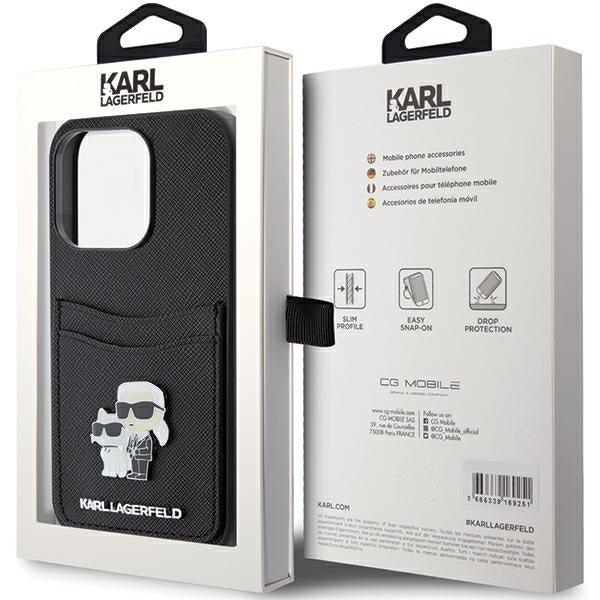 Husa pentru Apple iPhone 15 Pro, Karl Lagerfeld, Saffiano Card Slot Metal Karl & Choupette, Neagra