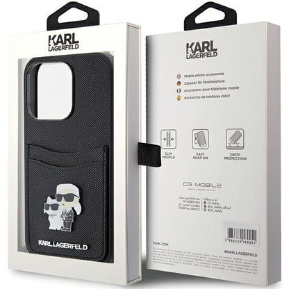 Husa pentru Apple iPhone 15 Pro, Karl Lagerfeld, Saffiano Card Slot Metal Karl & Choupette, Neagra