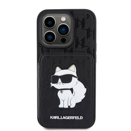 Husa pentru Apple iPhone 15 Pro, Karl Lagerfeld, Saffiano Cardslots and Stand Monogram Choupette, Neagra