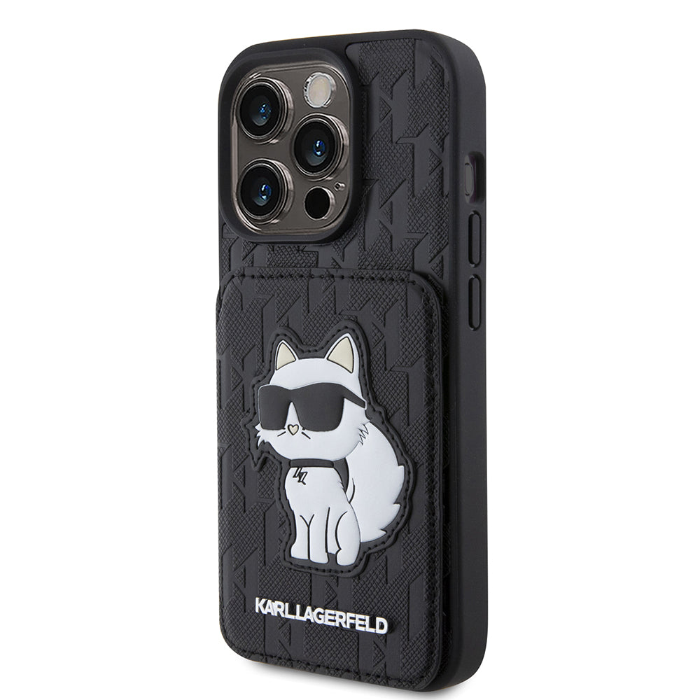 Husa pentru Apple iPhone 15 Pro, Karl Lagerfeld, Saffiano Cardslots and Stand Monogram Choupette, Neagra