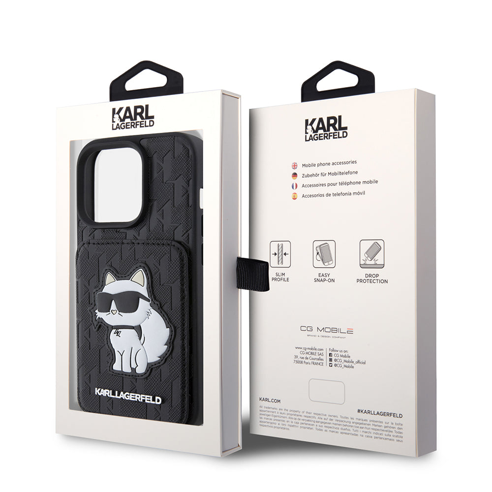 Husa pentru Apple iPhone 15 Pro, Karl Lagerfeld, Saffiano Cardslots and Stand Monogram Choupette, Neagra