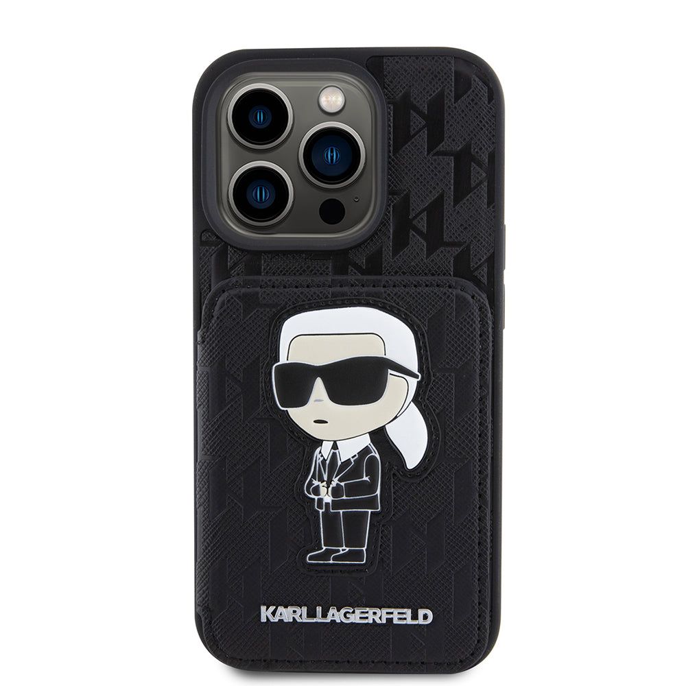 Husa pentru Apple iPhone 15 Pro, Karl Lagerfeld, Saffiano Cardslots and Stand Monogram Ikonik Karl, Neagra