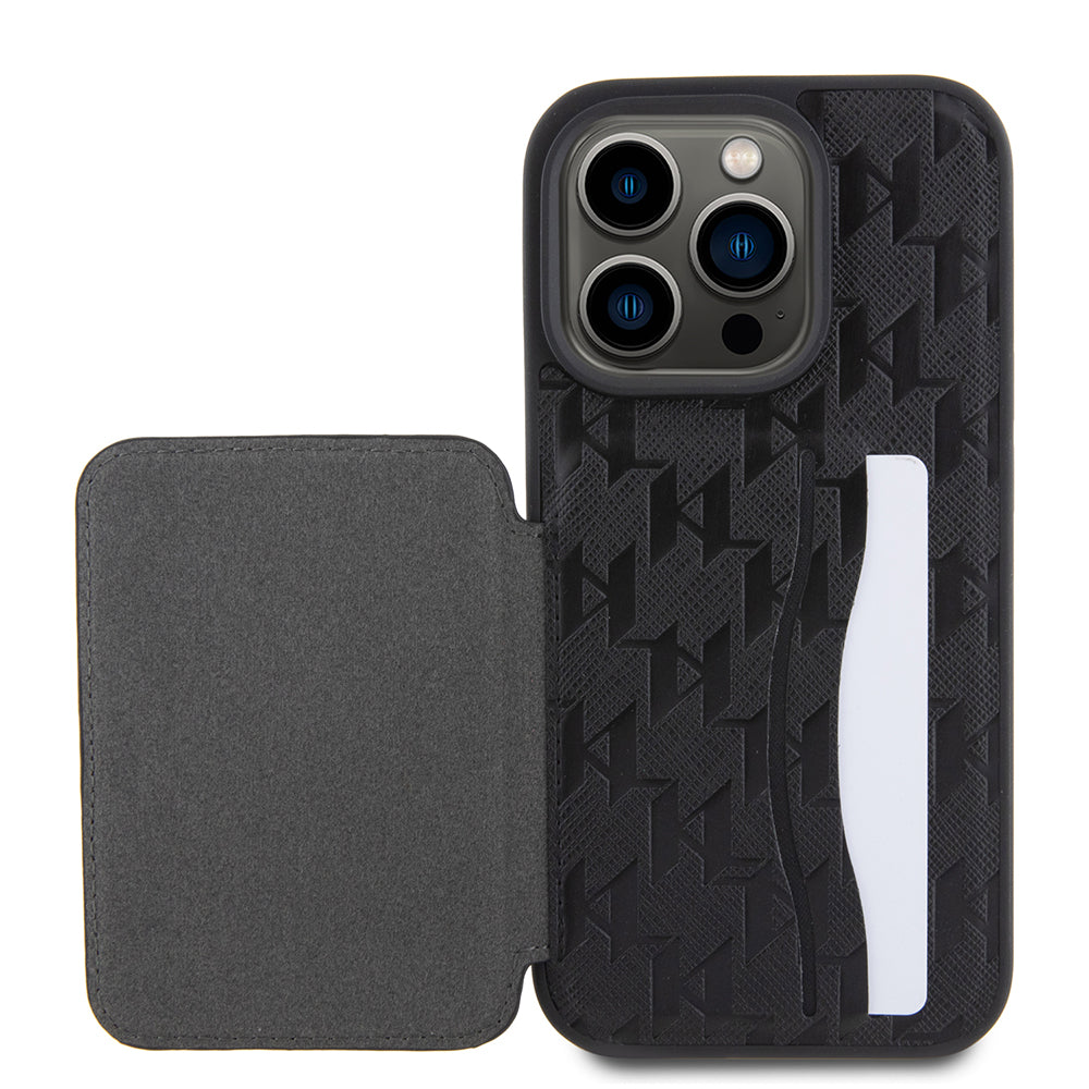 Husa pentru Apple iPhone 15 Pro, Karl Lagerfeld, Saffiano Cardslots and Stand Monogram Ikonik Karl, Neagra