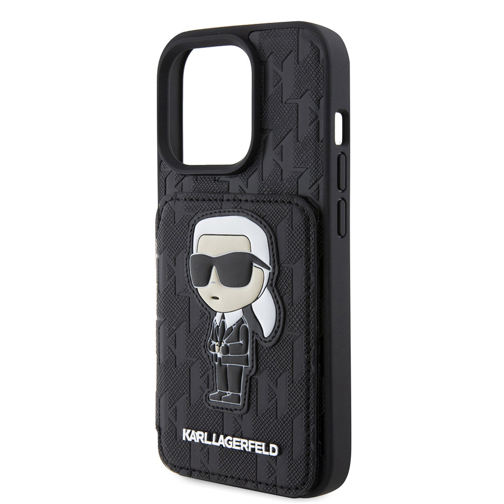 Husa pentru Apple iPhone 15 Pro, Karl Lagerfeld, Saffiano Cardslots and Stand Monogram Ikonik Karl, Neagra