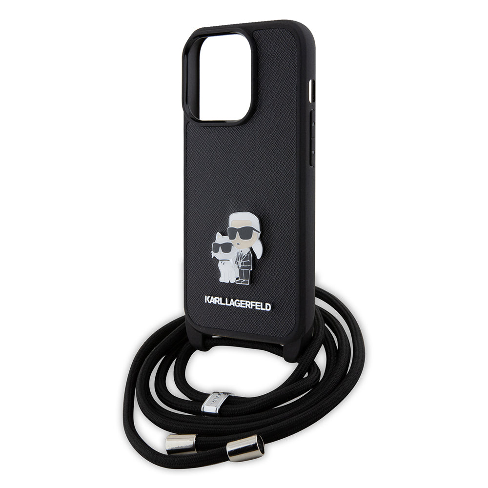 Husa pentru Apple iPhone 15 Pro, Karl Lagerfeld, Saffiano Crossbody Metal Pin Karl & Choupette, Neagra