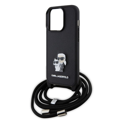 Husa pentru Apple iPhone 15 Pro, Karl Lagerfeld, Saffiano Crossbody Metal Pin Karl & Choupette, Neagra