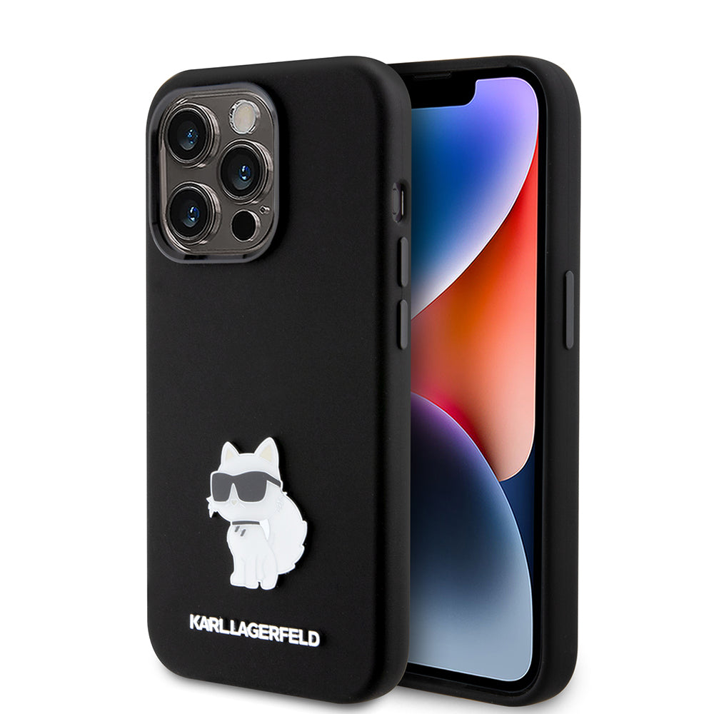 Husa pentru Apple iPhone 15 Pro, Karl Lagerfeld, Silicone Choupette Metal, Neagra