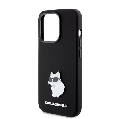 Husa pentru Apple iPhone 15 Pro, Karl Lagerfeld, Silicone Choupette Metal, Neagra