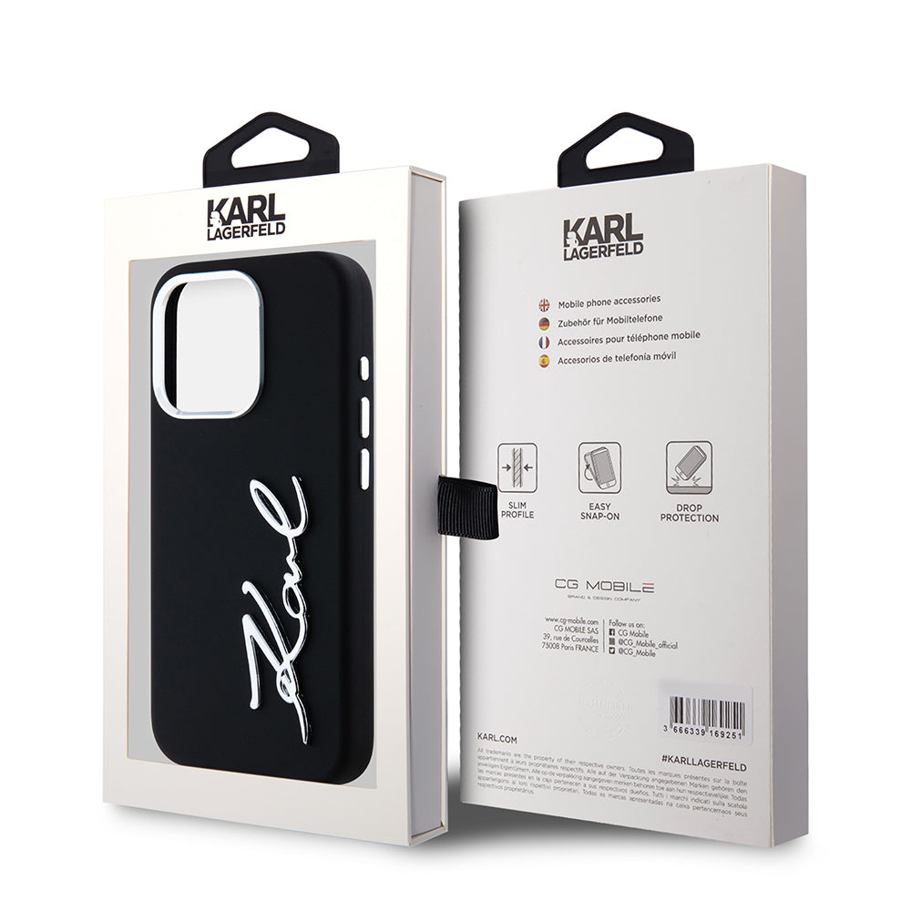 Husa pentru Apple iPhone 15 Pro, Karl Lagerfeld, Silicone Metal Script Logo, Neagra