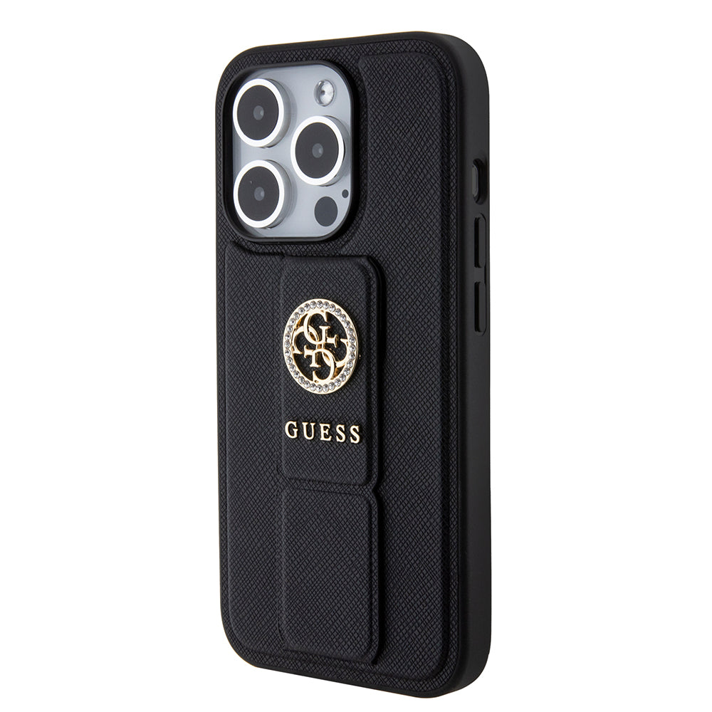 Husa pentru Apple iPhone 15 Pro Max, Guess, Grip Stand 4G Saffiano Strass, Neagra
