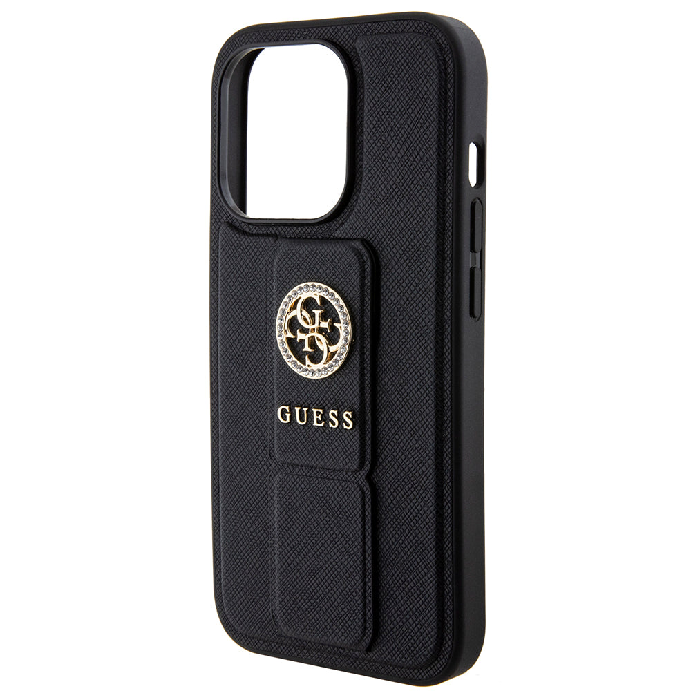 Husa pentru Apple iPhone 15 Pro Max, Guess, Grip Stand 4G Saffiano Strass, Neagra