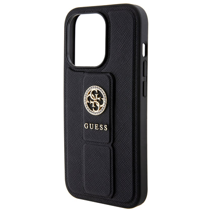 Husa pentru Apple iPhone 15 Pro Max, Guess, Grip Stand 4G Saffiano Strass, Neagra