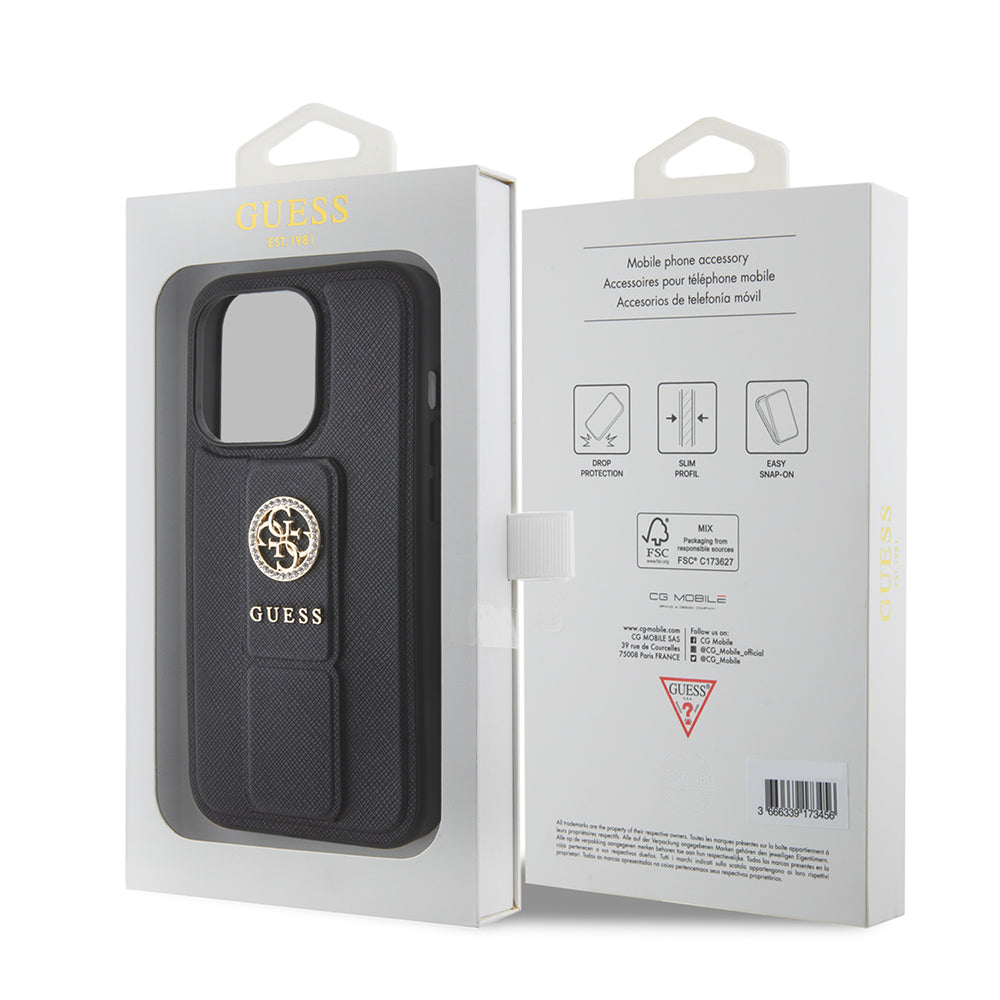 Husa pentru Apple iPhone 15 Pro Max, Guess, Grip Stand 4G Saffiano Strass, Neagra