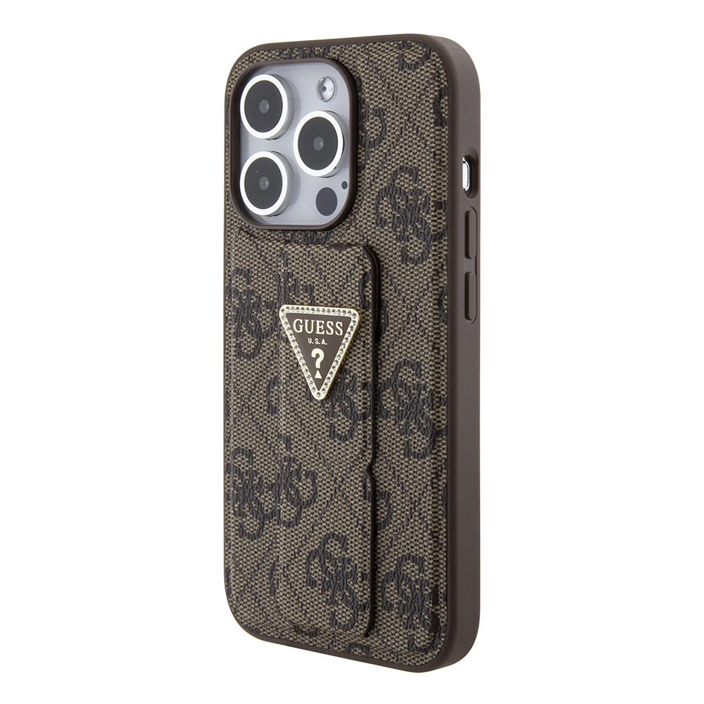Husa pentru Apple iPhone 15 Pro Max, Guess, Grip Stand 4G Triangle Strass, Maro