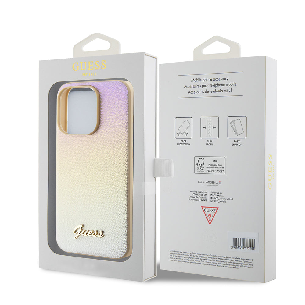 Husa pentru Apple iPhone 15 Pro Max, Guess, Saffiano Iridescent Script, Aurie