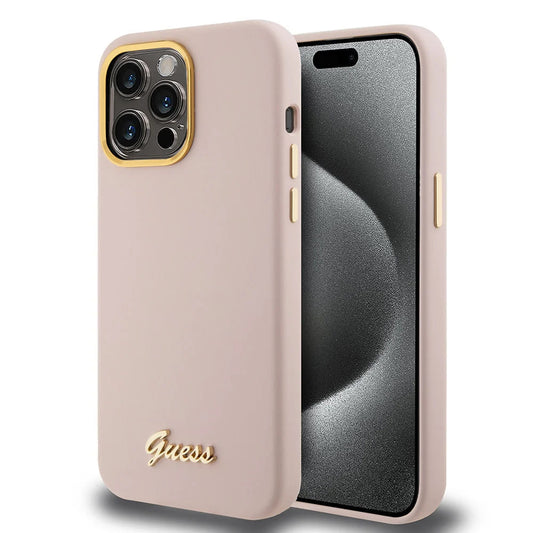 Husa pentru Apple iPhone 15 Pro Max, Guess, Script Metal Logo & Frame, Roz Deschis