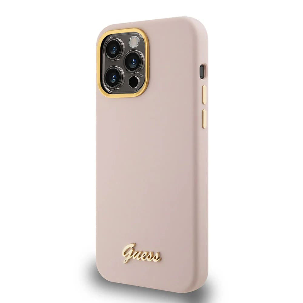 Husa pentru Apple iPhone 15 Pro Max, Guess, Script Metal Logo & Frame, Roz Deschis